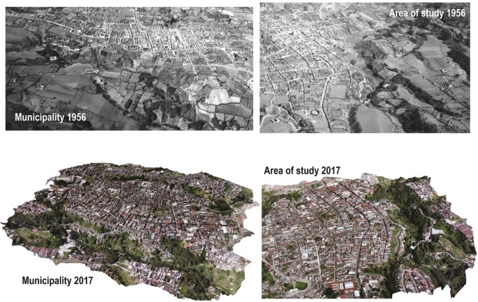 4 aerial views exhibit the expansion of the urban area of the municipality of Teziutlan in 1956, the area of study in 1956, the municipality in 2017, and the area of study in 2017.