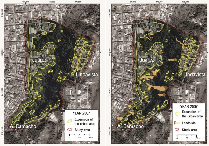 2 spatial distributions of landslides in 2007 highlight the expansion of the urban area, landslide, and study area. The locations such as Camacho, Lindavista, and Juarez are marked.