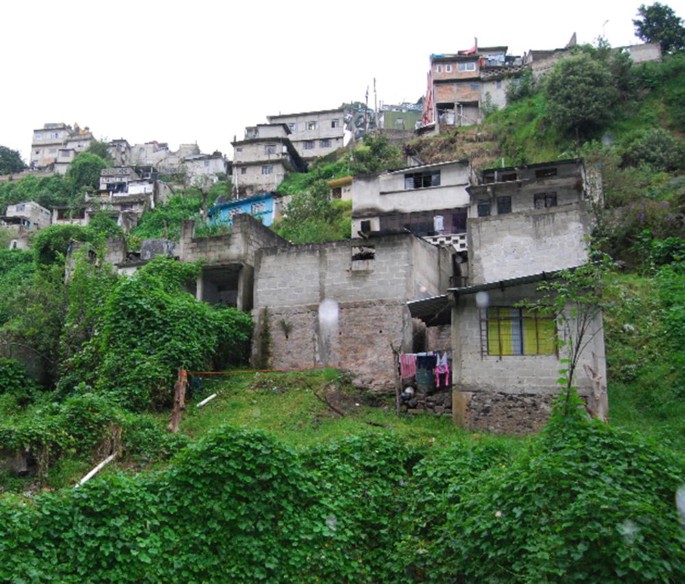 A photograph of multiple houses that developed over a steep terrain.