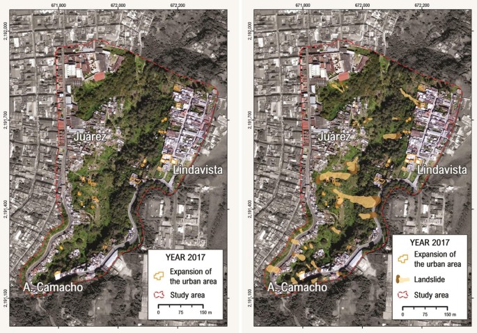 Two spatial distributions of landslides in 2007 indicate expansion of the urban area, landslide, and study area. The location such as Camacho, Lindavista, and Juarez, are marked.