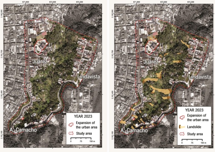 Two spatial distributions of landslides in 2023 indicate expansion of the urban area, landslide, and study area. The locations such as A. Camacho, Lindavista, and Juarez, are marked.