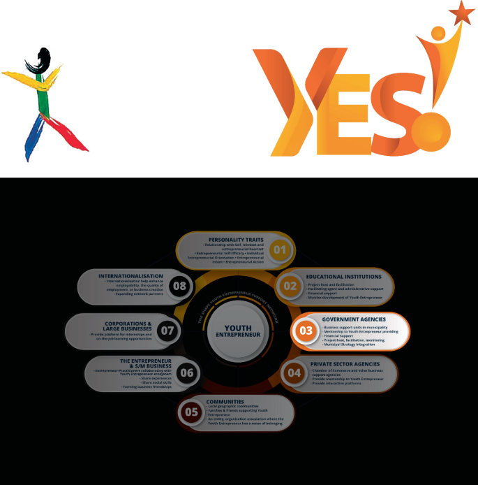 A schematic is as follows. In the top left corner, there is a cartoon of a person. In the top right corner, there is a text, YES. At the bottom, there is a radial diagram that lists the components of the Youth Entrepreneur Ecosystem. The tab titled Government Agencies is highlighted.