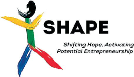 The logo of Shape. It comprises the cartoon of a person with arms spread wide and to its right, the expansion of the acronym, Shape, which is shifting hope, activating potential entrepreneurs.