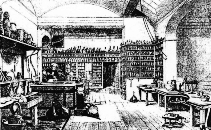 A drawing of Faraday in his laboratory filled with tables, chairs, and multiple bottles arranged on shelves.