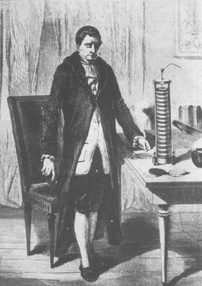 A portrait of Alessandro Volta with his Volta Pile cylindrical device kept on a table.