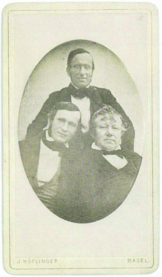 A group photo of Christian Friedrich Schoenbein, Wilhelm von Planck, and Friedrich Miescher.