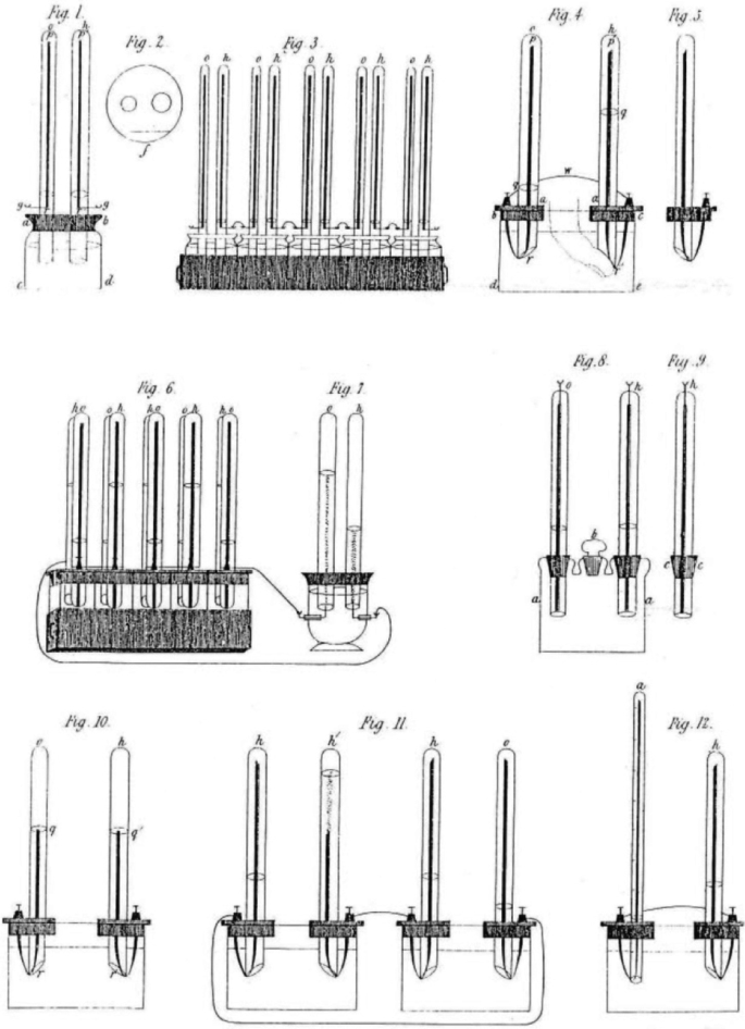 A set of 12 diagrams shows the Grove's fuel cell connections in series during the experiment of 1843.