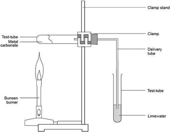 An experimental setup of the thermal decomposition approach. It is composed of a clamp stand, clamp, test-tube metal carbonate, delivery tube, test-tube, Bunsen burner, and limewater.