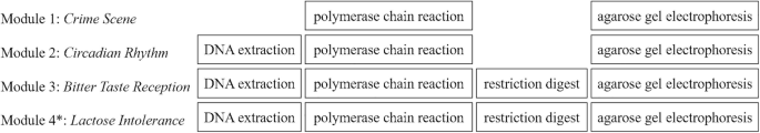 An illustration has 4 modules with varying sub elements. Modules 1 to 4 are titled, crime scene, circadian rhythm, bitter taste reception, and lactose intolerance with varying sub elements including D N A extraction, polymerase chain reaction, restriction digest, and agarose electrophoresis.