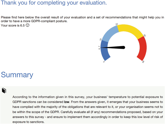 A screenshot contains the G D P R temperature tool results. The score is 6.5. Summary is at the bottom.