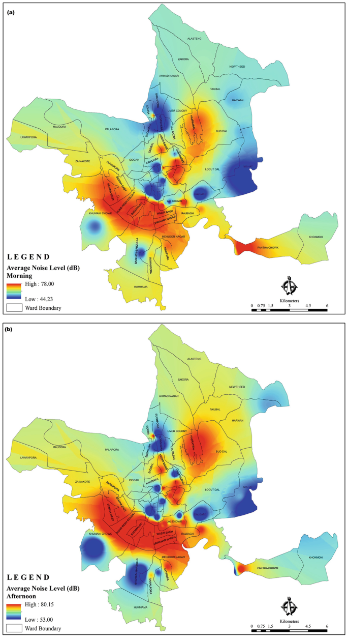 4 color-gradient maps of Srinagar city represent the spatial distribution of average noise level during morning, afternoon, evening, and nighttime using a scale. The overall noise levels in the city during the night are the lowest, while during other times they exhibit medium to high levels.