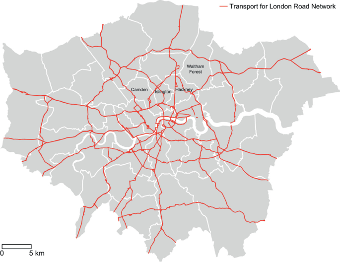 A map of London highlights transport for London road network within 5 kilometers. It also highlights areas such as Camden, Islington, hackney, and Waltham Forest.