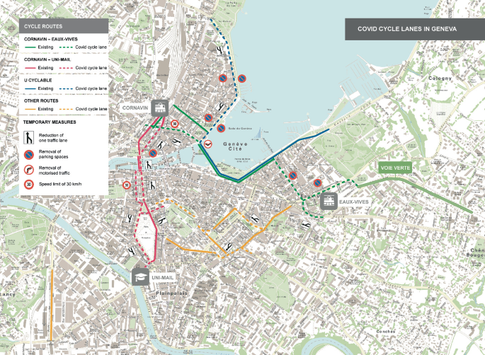A map of Geneva highlights the COVID cycle routes and existing cycle routes.