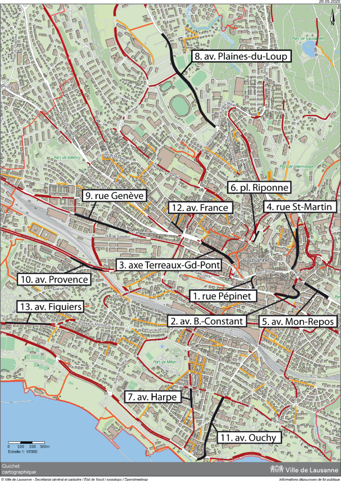 A map of part of Lausanne highlights the COVID cycle routes, existing cycle routes, roads with no or very limited motorized traffic, and cycle lanes or paths. 13 labels in foreign language.