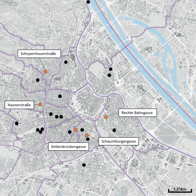 A map of Vienna. It presents the temporary shared space locations and surveyed locations. The map also marks the district borders.