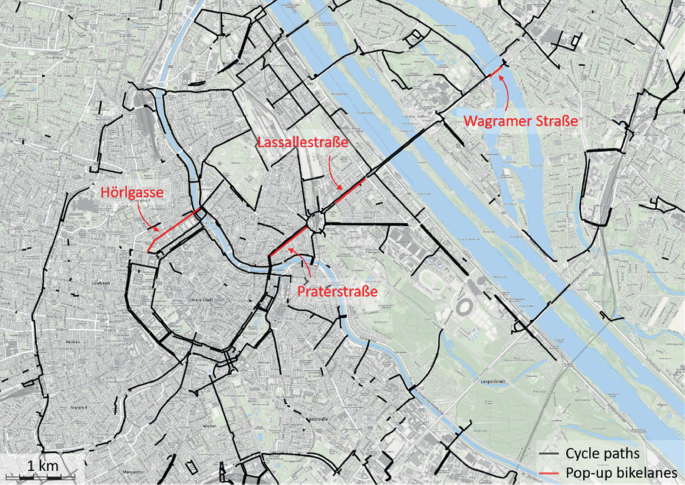 A map of central Vienna. It marks the existing cycle paths and the pop-up lanes.