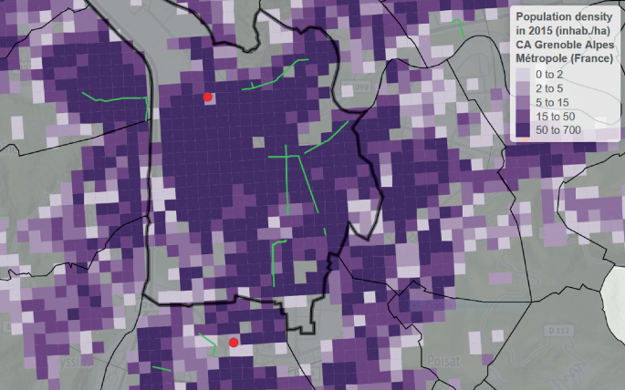 A map of Grenoble. It presents the population density and the location of the pop-up tracks. The central region in the map illustrates highest population density.