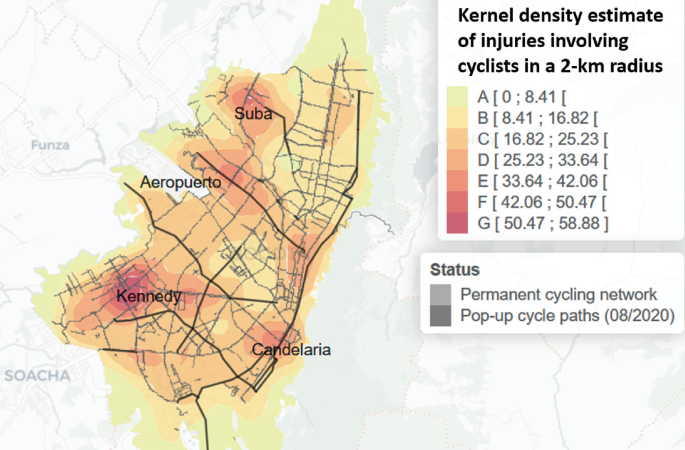A map of Bogota. It presents the kernel density estimate of injuries involving cyclists in a 2 kilometer radius. The roads mark permanent cycling networks and pop-up cycle paths.