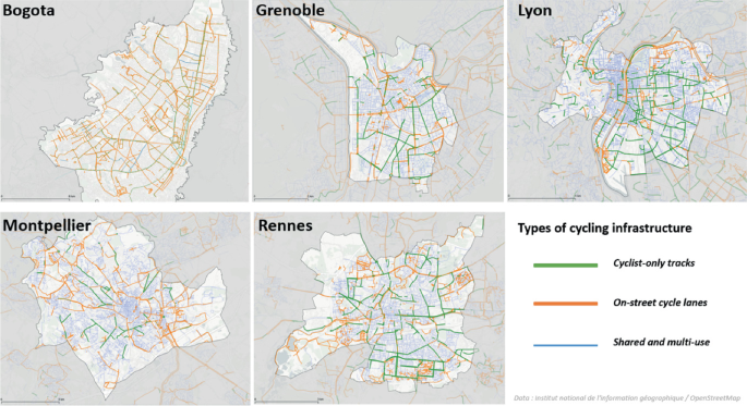 5 maps of Bogota, Grenoble, Lyon, Montpellier, and Rennes. They illustrate the different types of cycling infrastructure like cyclist only tracks, on street cycle lanes, and shared multi use lanes.
