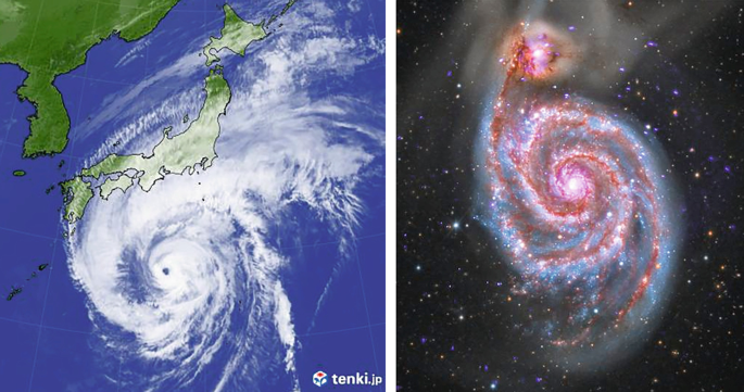 2 images. The one on the left has a typhoon. The one on the right has the spiral galaxy.