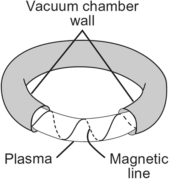 A toroidal vacuum chamber with plasma inside the chamber wall. Magnetic flow line is shown along the plasma.