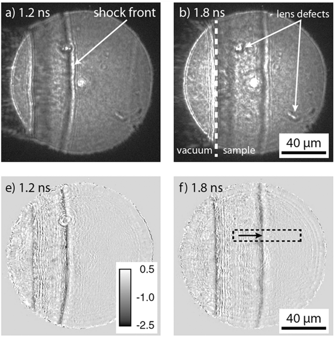 Four X-ray photographs A, B, E, and F of shock waves in a diamond at a scale of 40 micrometers. A depicts a shock front, and B depicts lens defects. F depicts the forward movement of the shock front.