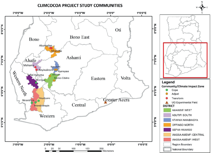 A map of southern Ghana for CLIMCOCOA projects study communities. The legends are for climate impact zones cope, adjust, transform, and U G experimental field. Akumadan, Mehame are transform zones. Neribehi, Jeninso are adjust zones. Nikrankrom, Akyekyere are cope zones. Greater Accra has an U G experimental zone.