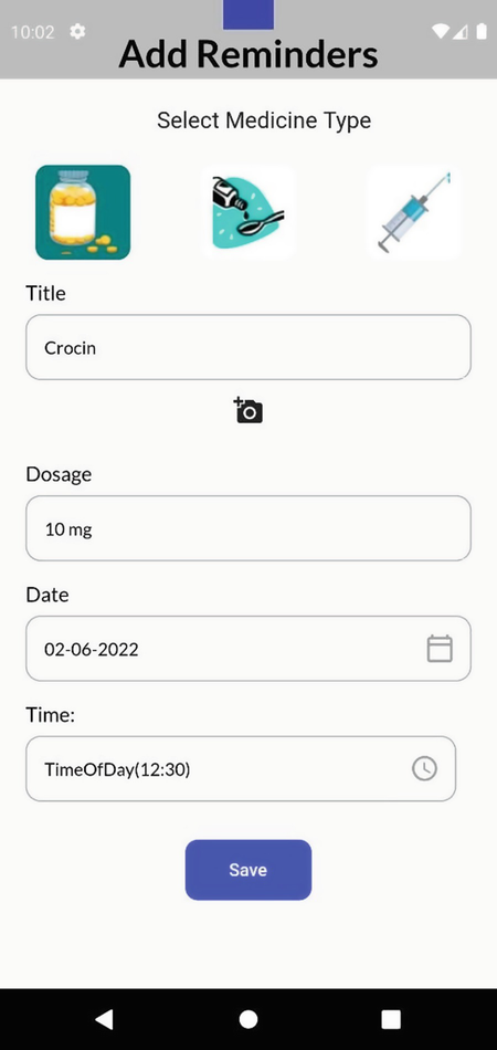 A screenshot of the REMICARE system to add reminders. It reads the title scan your prescription here with the gallery and camera option below.