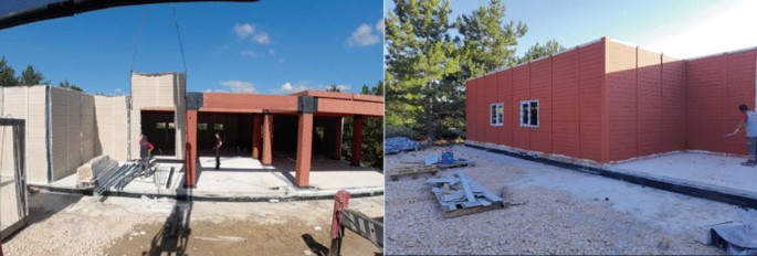 Two photographs of the mounting of panels with a mobile crane and the installation of windows and doors on a fully demountable building, respectively.