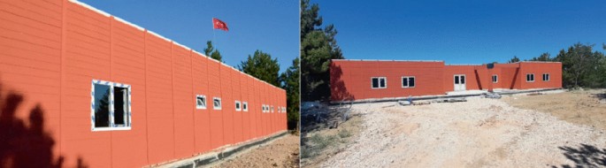 Two photographs of the fully constructed, demountable 1-story building. There are several windows on both buildings.