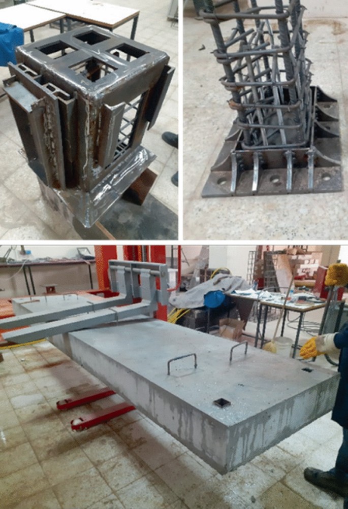 Three photographs of reinforcement design and the connection design structural elements of fully demountable buildings.