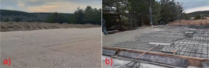Two photographs labeled A and B display a thin layer of gravel laid on top of the soil and the constructed mat foundation.