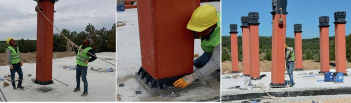 Three photographs of the installation of columns in vertical position placed near the mat foundation on base plants and bolted. Few workers are also present in the photographs.
