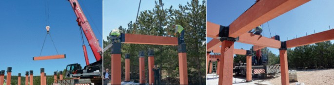 Three photographs of the installation of beams between every two columns by sliding them through the beam-to-column connections.