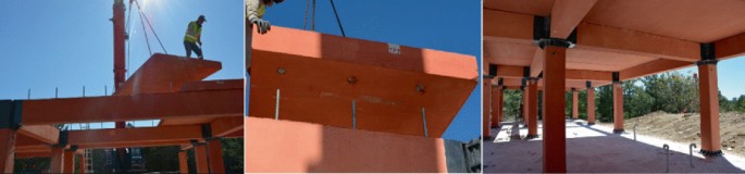 Three photographs of the installation of slab elements on top of the beams.