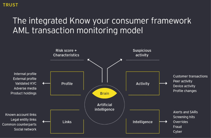 A model framework explains the effects of integration between the K Y C and A I on money laundering. It includes the risk scores and characteristics related to profiles and links and suspicious activities like customer transactions, peer activities, device activities, and profile changes.