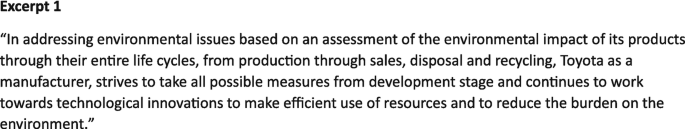 A screenshot displays an excerpt. It mentions that Toyota addresses environmental issues by assessing its products' life cycle impact from production to disposal. As a manufacturer, it focuses on resource efficiency, continually innovating to minimize environmental burden.