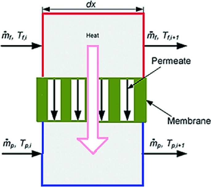 An illustration of the mass and heat and transmission section of a D C M D. It includes T f, i and T f, i plus 1 as temperatures, m p, and ̇m f as the rates of mass flow for the cold face and feed side. It also has a membrane with permeate through which the heat gets transferred from top to bottom.