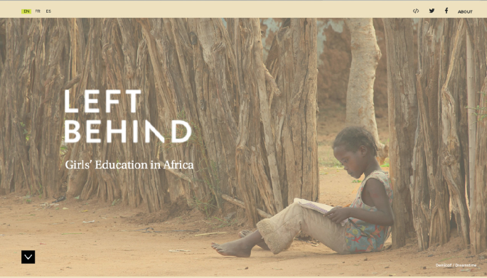 A screenshot of the front webpage of Left Behind. The text on the left reads Left Behind, Girls' Education in Africa. The text is overlaid on the photograph of a young girl studying, sitting on the ground by trees.