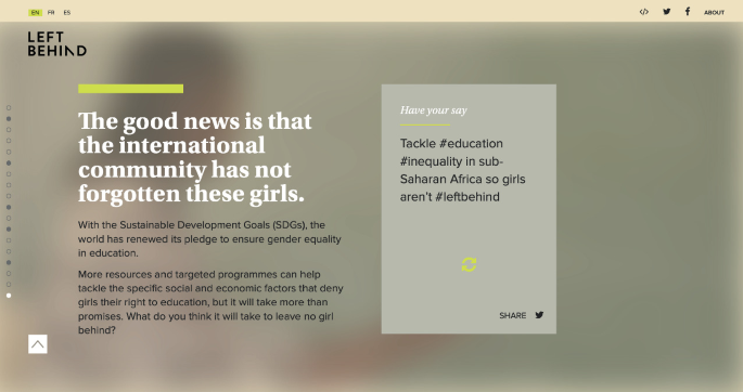 A screenshot of the Left Behind last page. The text on the left reads The good news is that the international community has not forgotten these girls. The text at the right reads have your say, Tackle education inequality in sub-Saharan Africa so girls are not left behind.