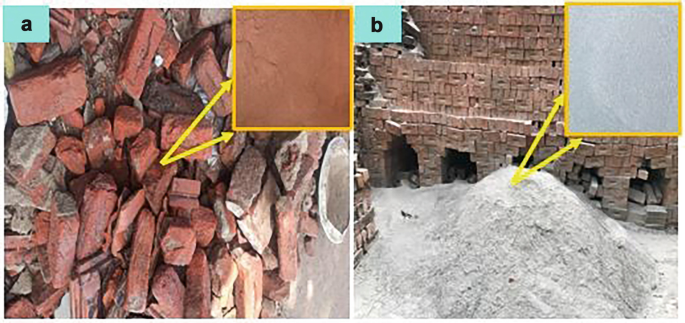 2 photographs of raw materials. a. Scattered broken bricks with an inset enlarged photograph of brick powder. b. A heap of ash in front of stacked bricks, with an inset enlarged photograph of ash.