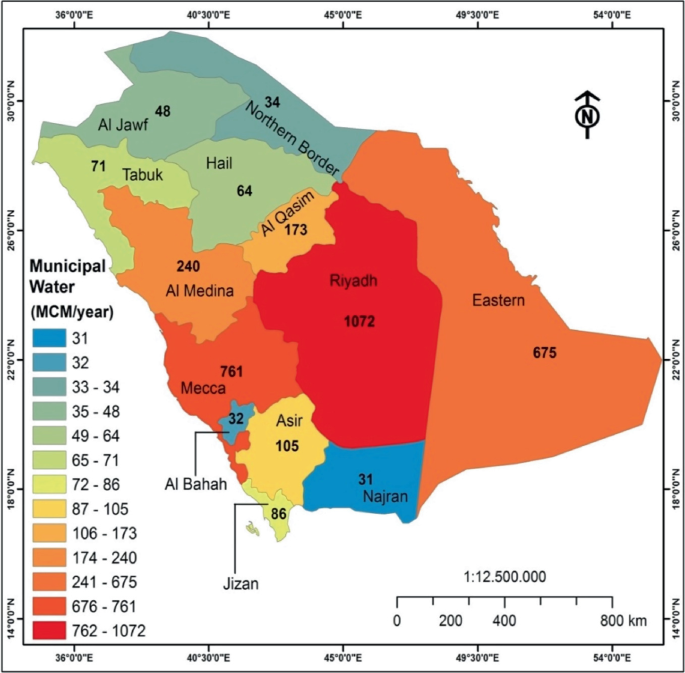 A map spots the municipal water demand in million cubic meters in K S A in 2018. Al Jawf, 48, Tabuk, 71, Hail, 64, Al Qasim, 173, Al Medina, 240, Mecca, 761, Al Bahah, 32, Asir, 105, Jizan, 86, Najran, 31, Eastern, 675, Northern Border, 32, and Riyadh, 1072.