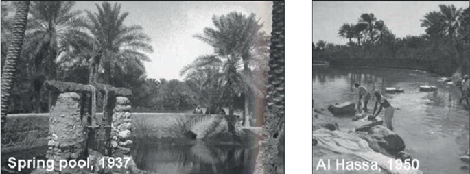 Two photographs of the Spring Pool in 1937 and Al Hassa in 1950.