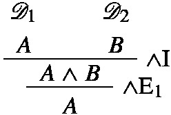 A proof. Two closed derivations D 1 and D 2 denote a proof of A and a proof of B, respectively, concluding A and B with the use of the and introduction rule. Then, by applying the and elimination 1 rule, conclude that A is true.