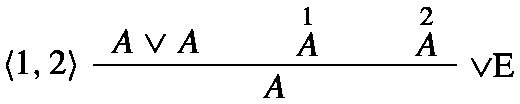 A logical derivation introduces the assumption A or A in steps 1 and 2. Propositions A are asserted individually in steps 1 and 2. The sequence concludes with the application of disjunction elimination or E in step 4, utilizing the assumptions made in steps 1 and 2 to derive a conclusion within the context of A.