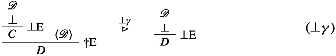 A logical sequence starts by introducing a contradiction over the assumption C within the context of derivation D. The contradiction is eliminated false E within the context of derivation D, indicating a logical inference. The sequence concludes with an operation or transformation cross E applied to derivation D.