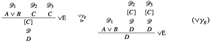 A sequence of a logical progression, introduces A or B in D 1 and propositions C in D 2 and D 3 over the assumption C D D. Utilizing disjunction introduction with the gamma transformation, subsequent steps involve reiterated assertions of C within D 2 and D 3, considering the assumption D 1 A or B.