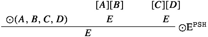 A logical expression X nor A, B, C, D with assumptions A, B, C, D leads to a conclusion E over E, guided by the X nor elimination rules.