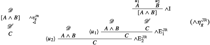 A logical expression involves a derivation using J R-connectives, particularly focusing on the and operator. It initiates with the assumption of the conjunction A and B leading to a conclusion C. The notation and eta J R g suggests a step related to the J R-elimination rule for and operator.