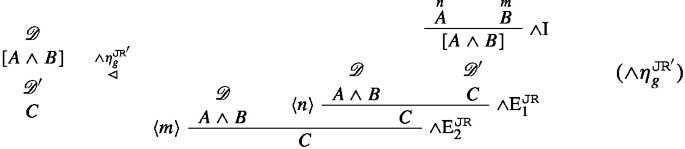An expression begins with the introduction of a derivation D for the conjunction A and B, leading to a conclusion C. The notation and eta J R prime g suggests the use of J R prime-elimination rules related to conjunction followed by a quantification over assumptions n A and m B.